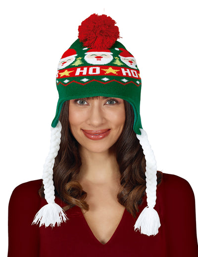 Bonnet à pompon Noël pour adulte vert avec motifs Père Noël et tresses blanches