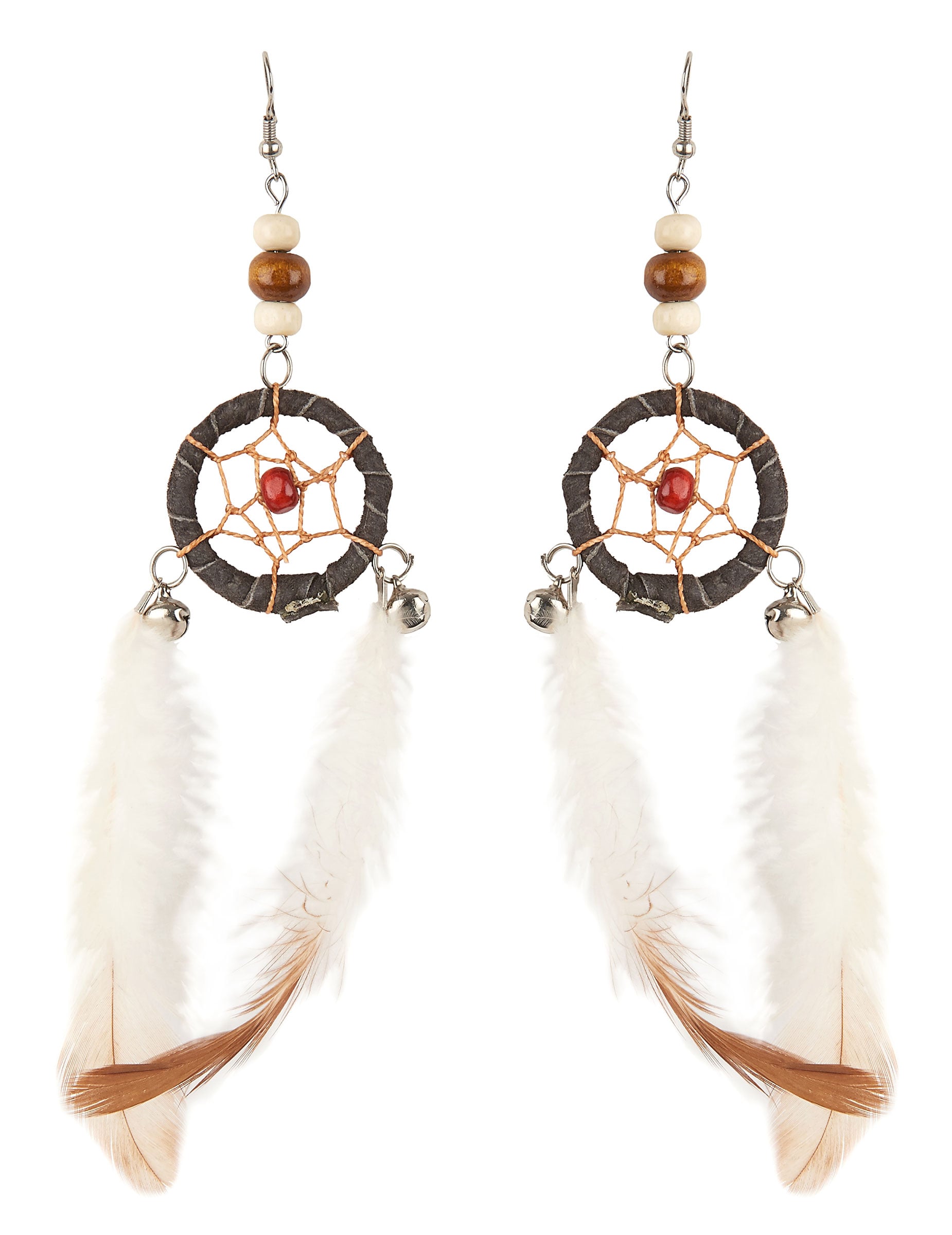 Boucles d'oreilles attrape-rêves pour adulte avec plumes blanches et marron
