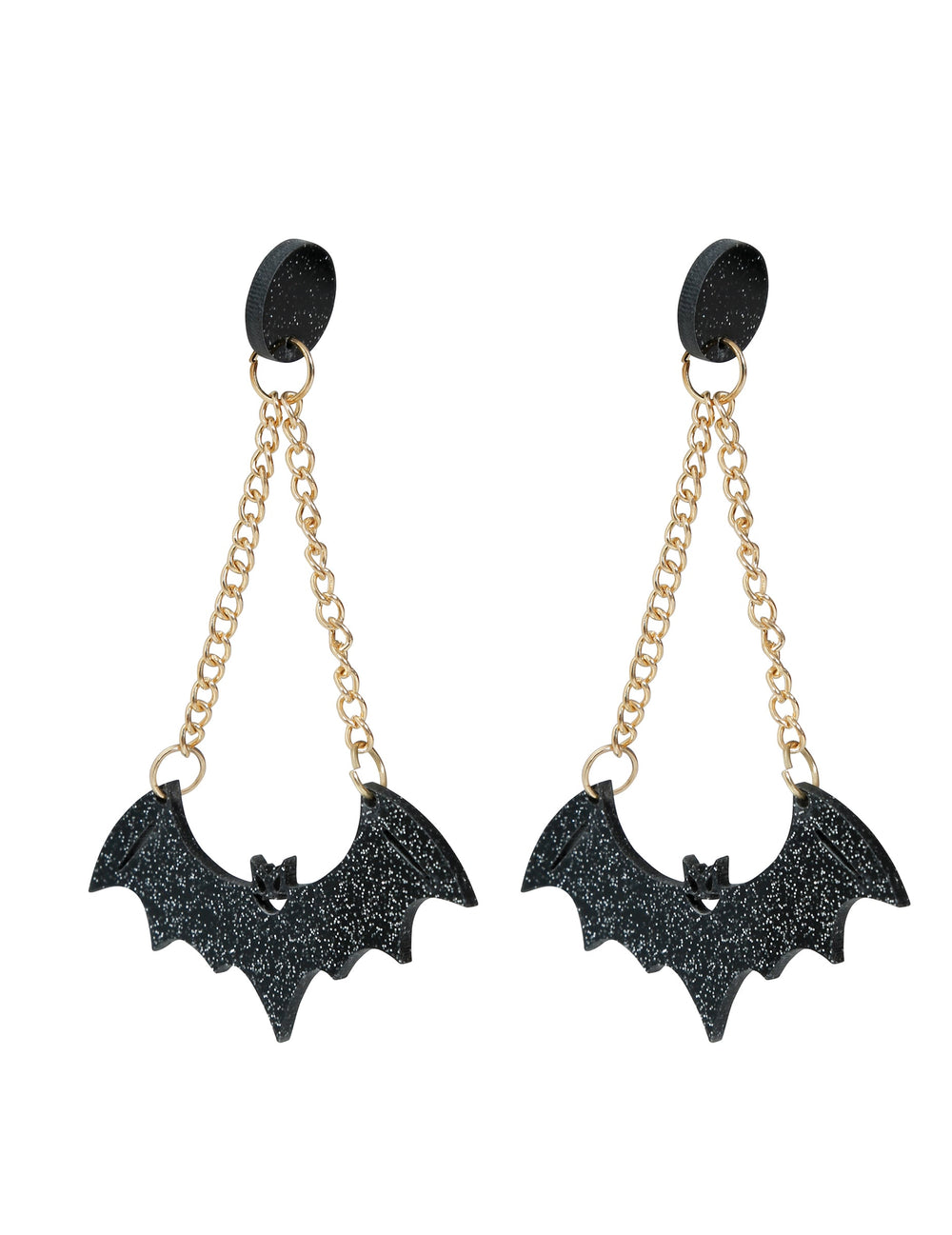 Boucles d'oreilles chauve-souris pour adulte noires pailletées avec chaînes dorées