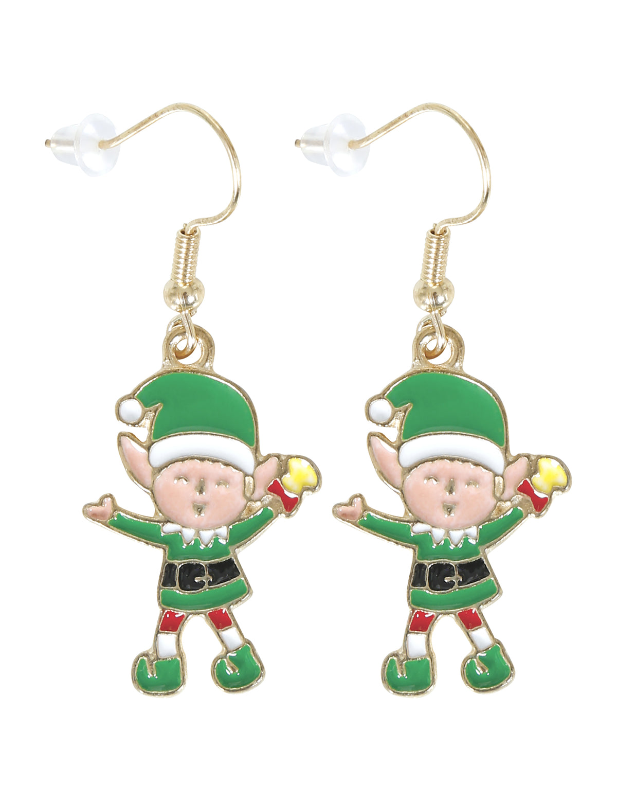 Vue de face des boucles d'oreilles métalliques lutins de Noël