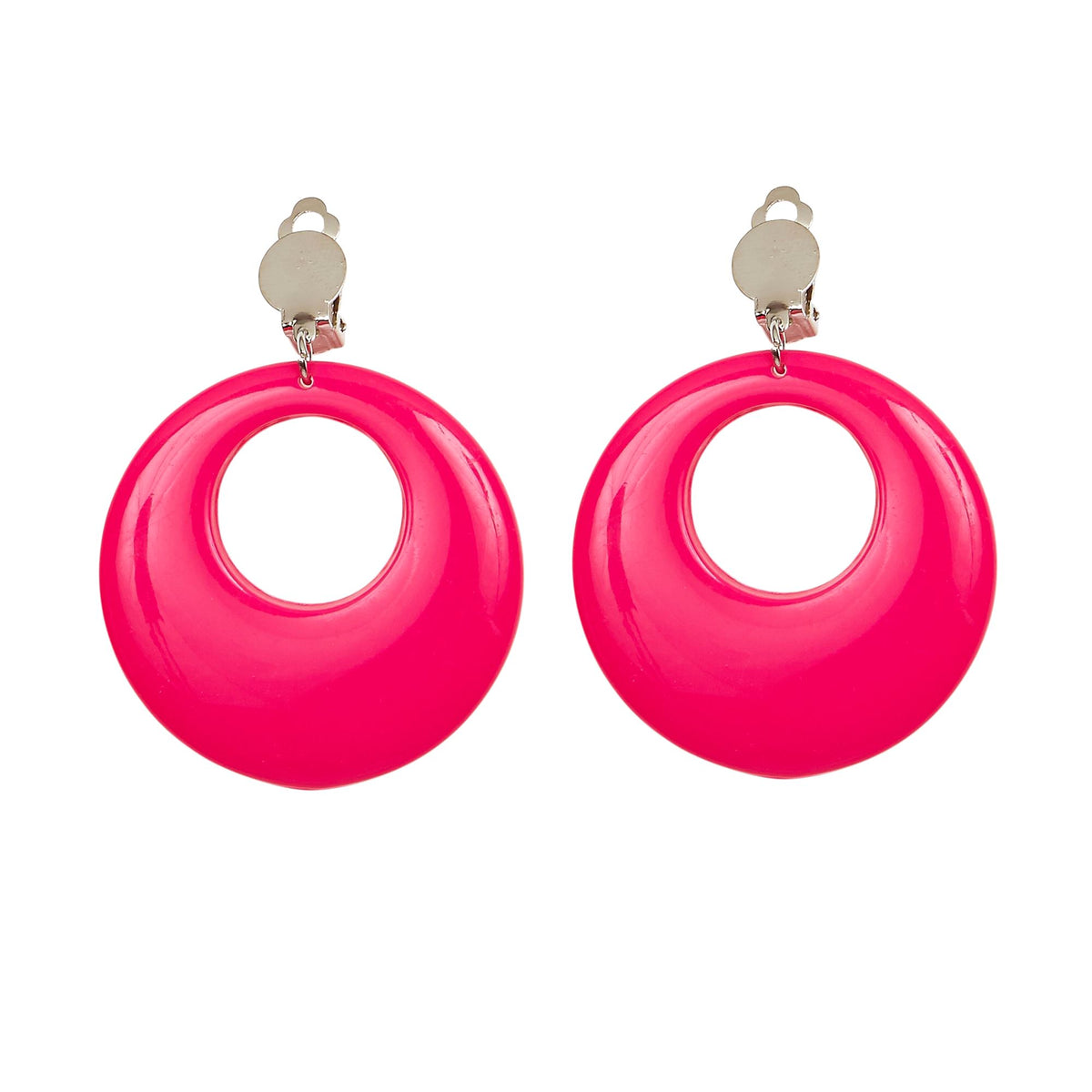 Détail du système d'attache des boucles d'oreilles rose fluo pour adulte