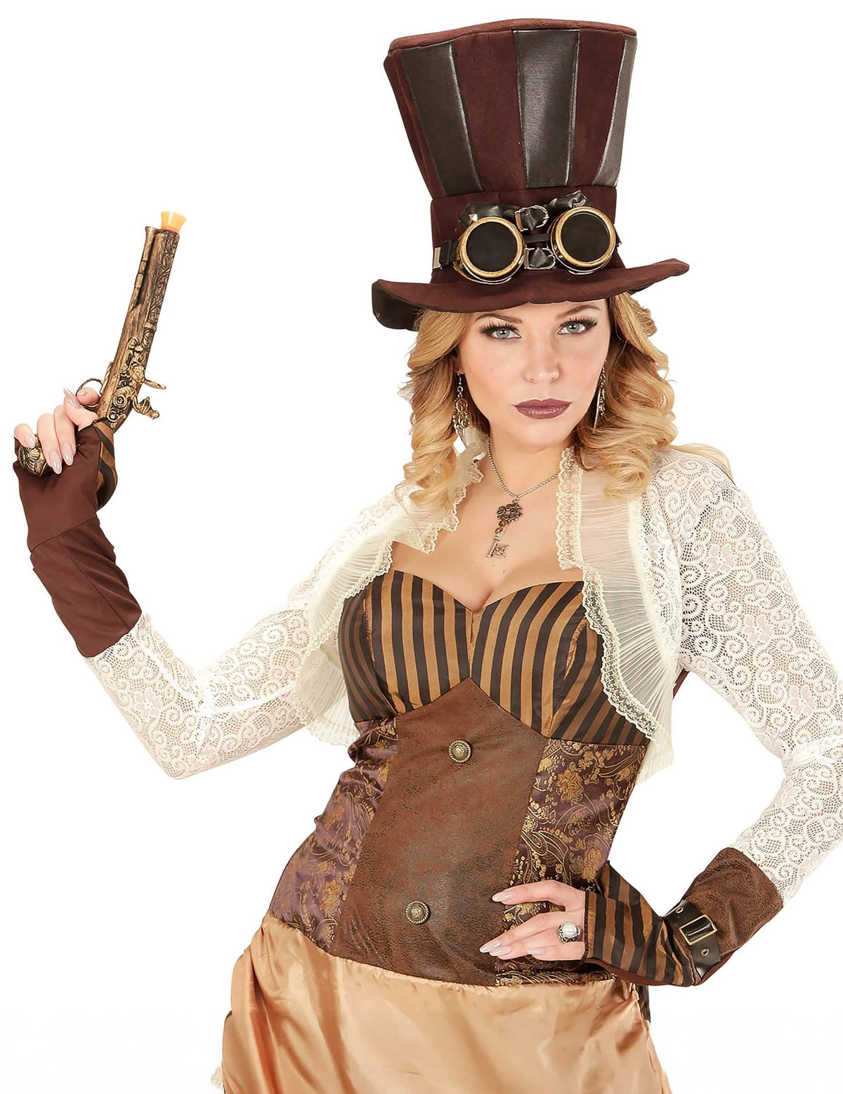 Prikaz nošenja naušnica sa zupčanicima i perjem steampunk za odrasli