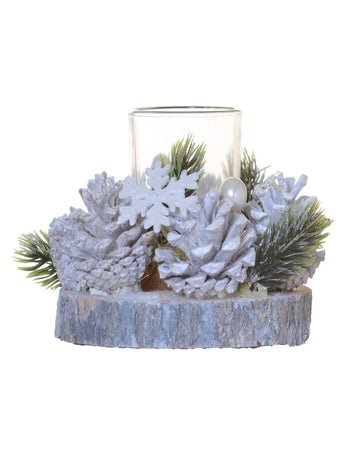 Svijećnjak od matiranog češera na trupcu 15 cm polarni ukras