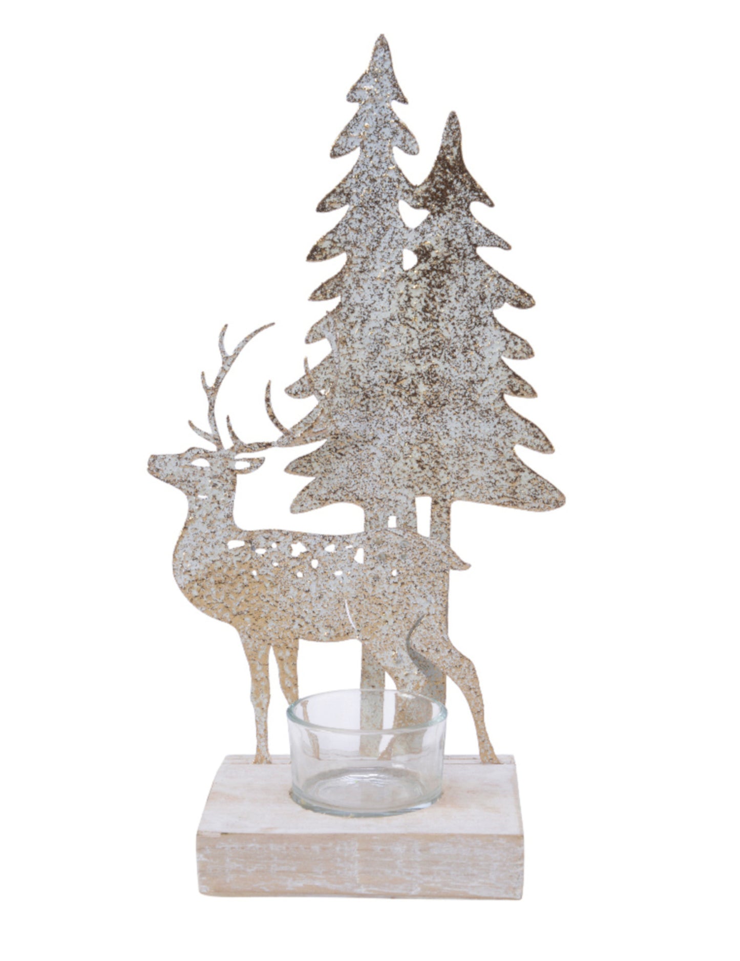 Metalni svijećnjak s jelenima i meljama 27 cm s drvenom podlogom