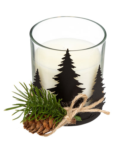 Bougie sapin et pomme de pin pour décoration blanche et noire avec branche et cordelette