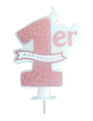 Bougie 1er anniversaire paillettes rose gold 10 x 8 cm avec bobèche pour gâteau