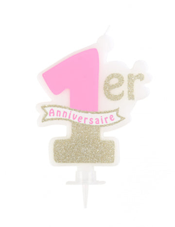 Ružičasta i zlatna svijeća za prvi rođendan 10 x 8 cm šljokičast