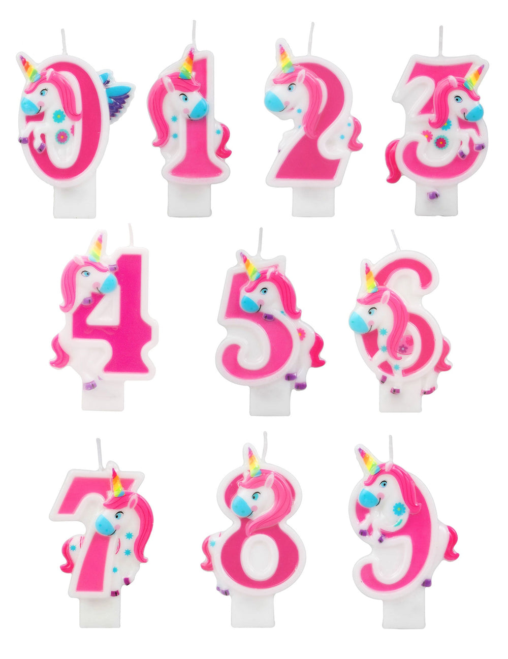 Bougie chiffre licorne pour anniversaire rose du 0 au 9