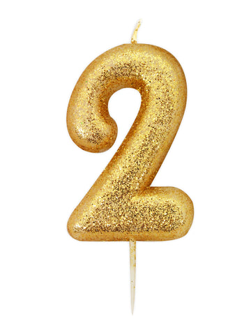 Zlatna svjećica u obliku broja 2 s glitterom 8,5 cm s držačem 