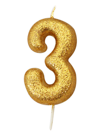 Svjećica u obliku broja 3 zlatna sa šljokicama za rođendan 9 cm 