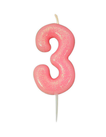 Svijeća broj 3 roza irizirana 9 cm sa šljokicama 