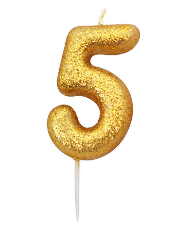 Zlatna svjećica u obliku broja 5 s glitterom 8.5 cm 