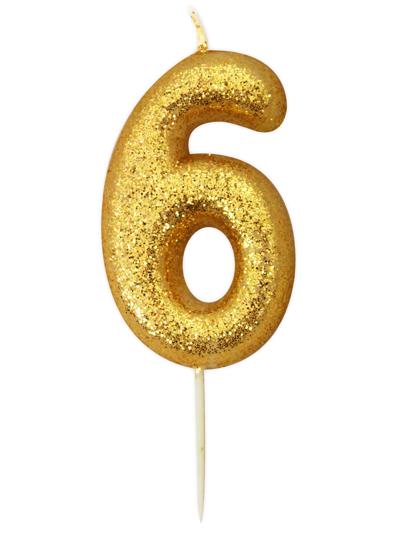 Zlatna svjećica u obliku broja 6 s glitterom 6,5 cm 