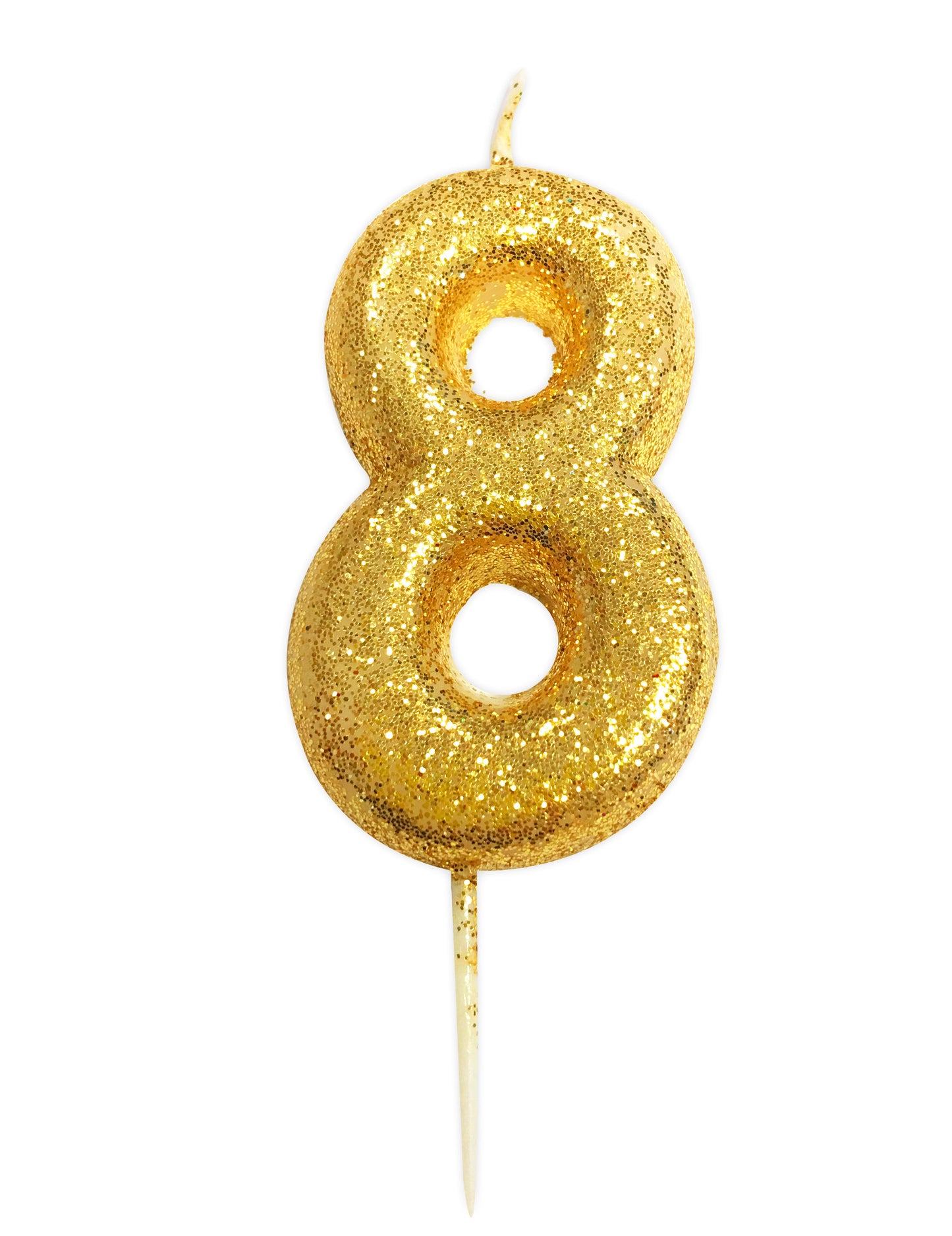 Zlatna svjećica u obliku broja 8 s glitterom, 9 cm za tortu 