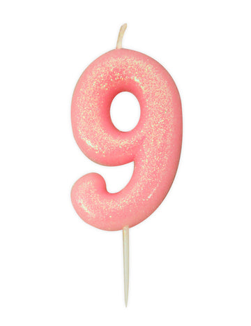 Roze irizirana svjećica za broj 9 s brojem 9 cm sa šljokicama za tortu 