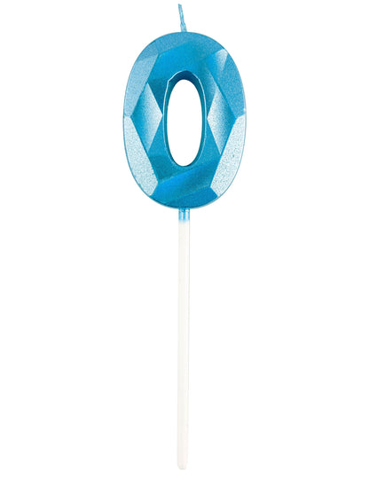 Vue de face du chiffre 0 de la bougie chiffre pour anniversaire bleue effet diamant