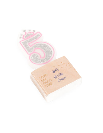 Rođendanska svijeća s ružičastim šljokicama i princezinim brojem 5, 5.8 cm