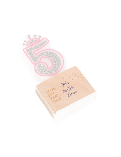 Bougie d'anniversaire chiffre 5 princesse rose à paillettes argentées