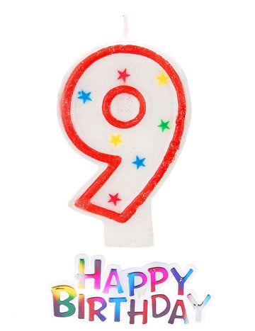 Bijela svjećica s brojem 9 u obliku zvijezde s glitterom 