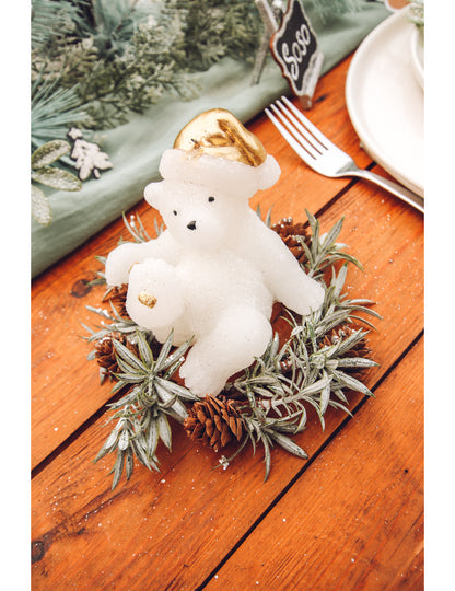 Bijelo-zlatna svijeća u obliku medvjedića 10 cm Božić