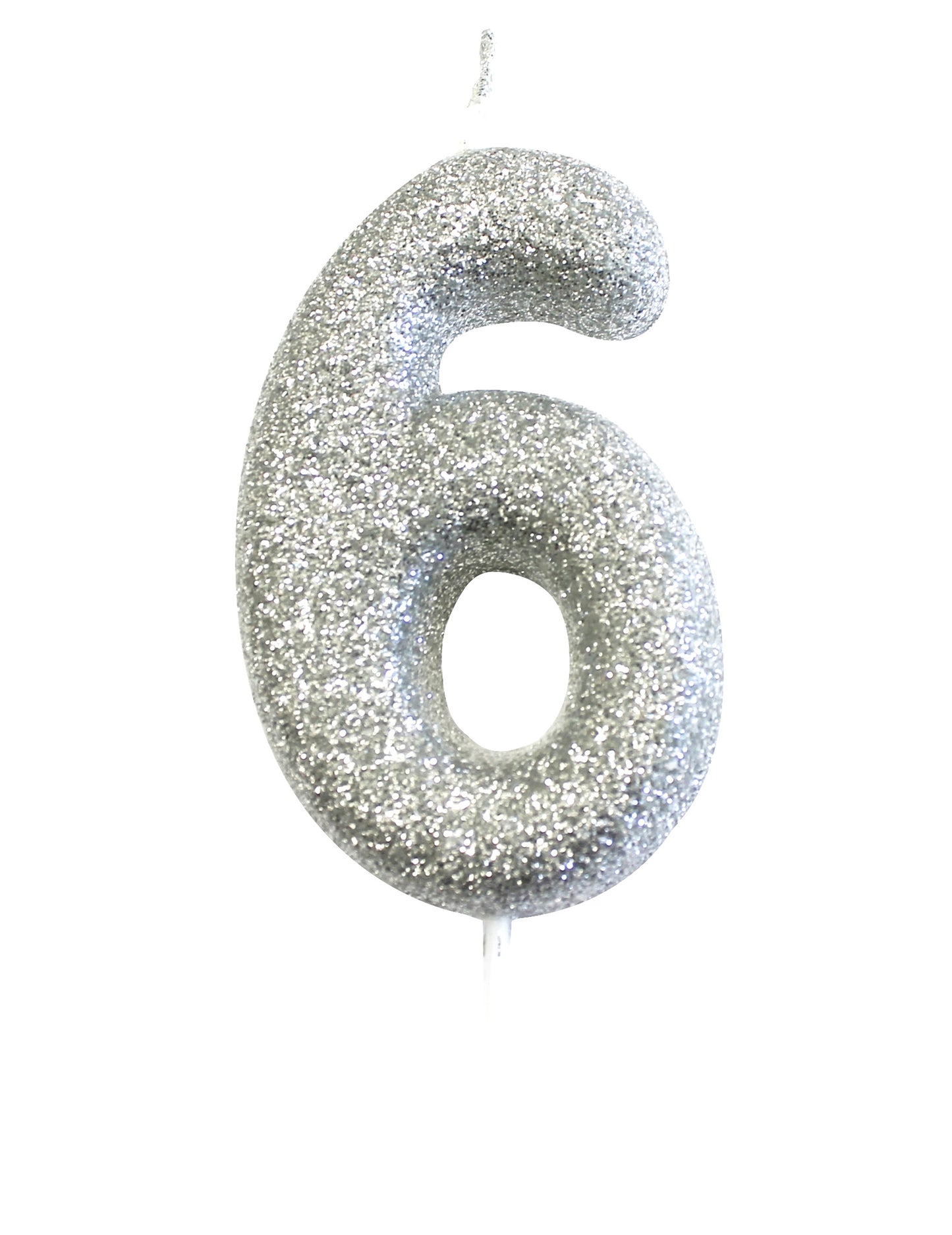 Srebrna svjetlucava svijeća na štapiću s brojem 6 7 cm za rođendansku tortu