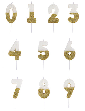 Bijelo-zlatna svjetlucava svijeća s brojem 7 na štapiću cm za rođendan