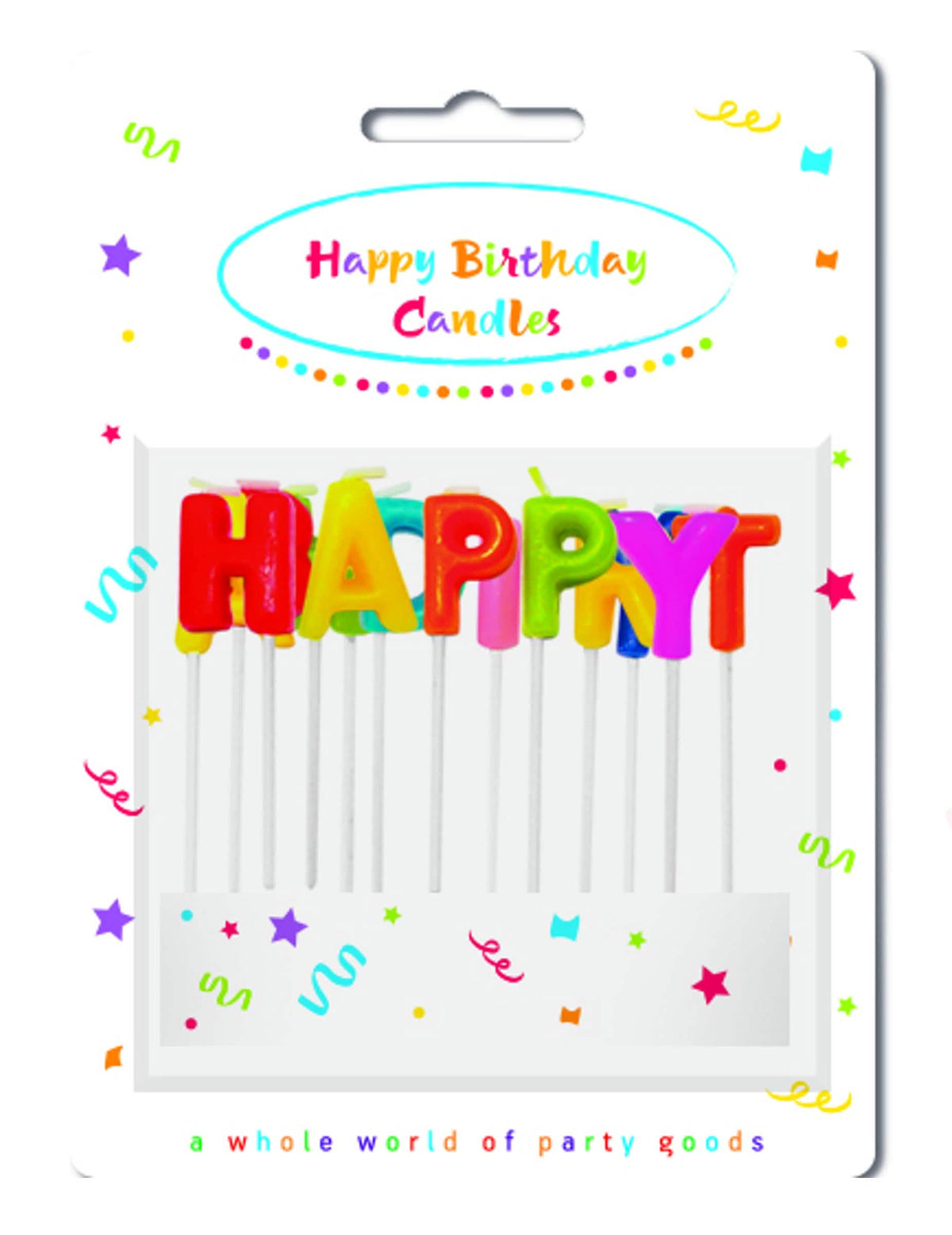 Pogled na pakiranje svijeće Happy Birthday na višebojnom štapiću