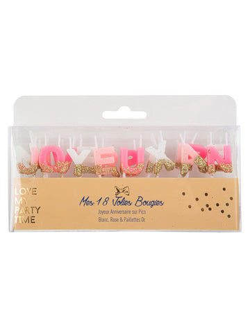Svijeće za sretan rođendan, bijele, ružičaste i zlatne šljokice, 4.3 cm na vrhuncu