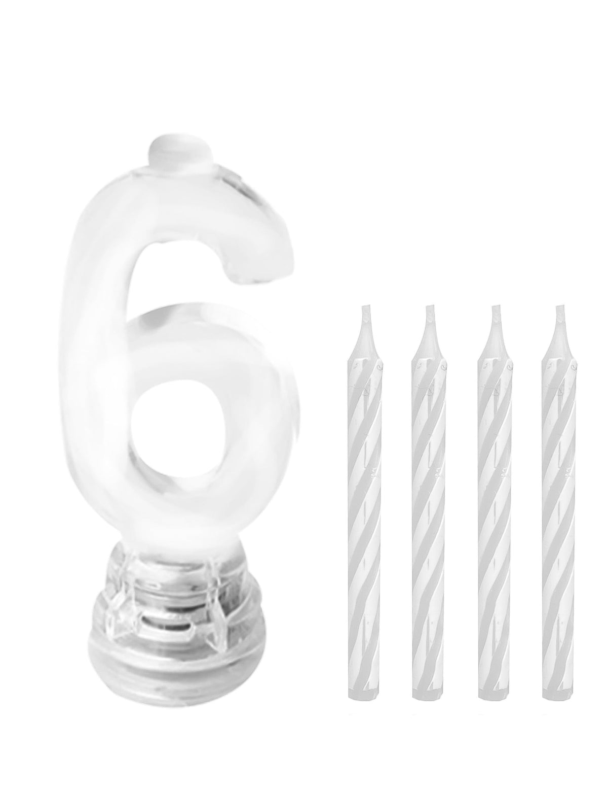 Détail du support et des bougies blanches de la bougie lumineuse LED chiffre 6