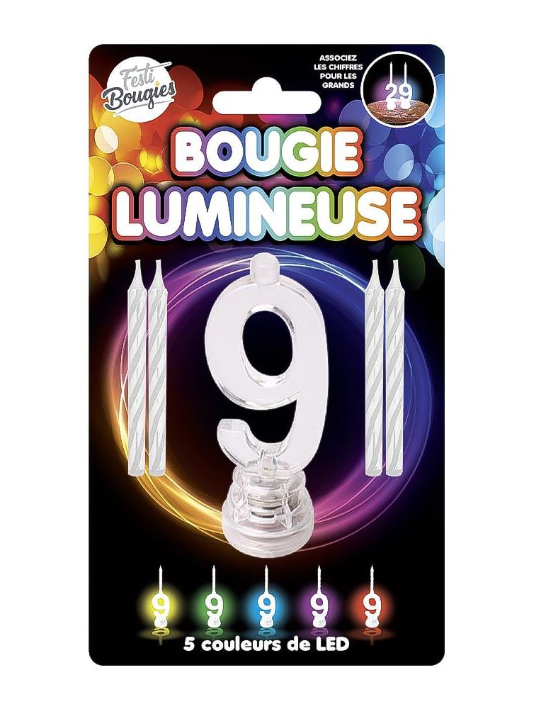 Bougie lumineuse LED chiffre 9 pour anniversaire avec 5 couleurs de LED
