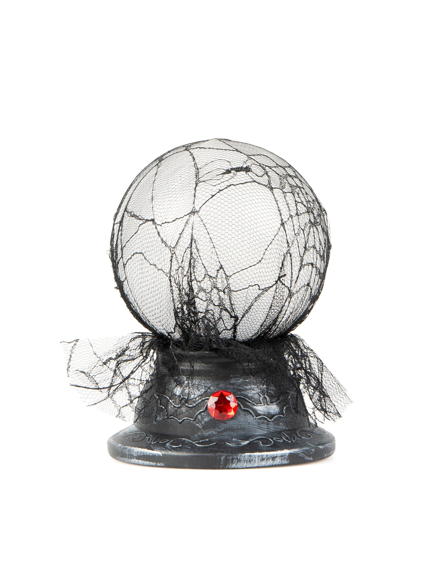 Boule de cristal lumineuse et sonore Halloween noire avec toile d'araignée et pierre rouge