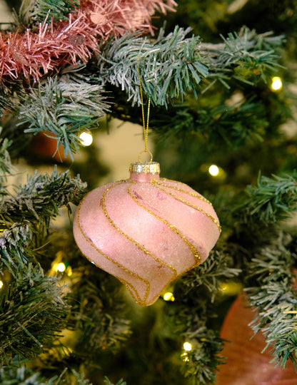 Božićna kugla u obliku suze s ružičastim i zlatnim spiralama, 10 cm šljokice