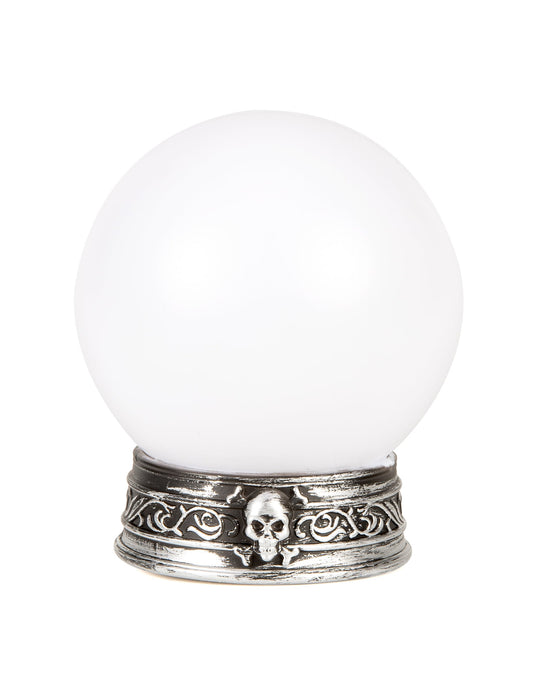 Boule lumineuse et sonore pour Halloween blanche avec socle tête de mort argenté