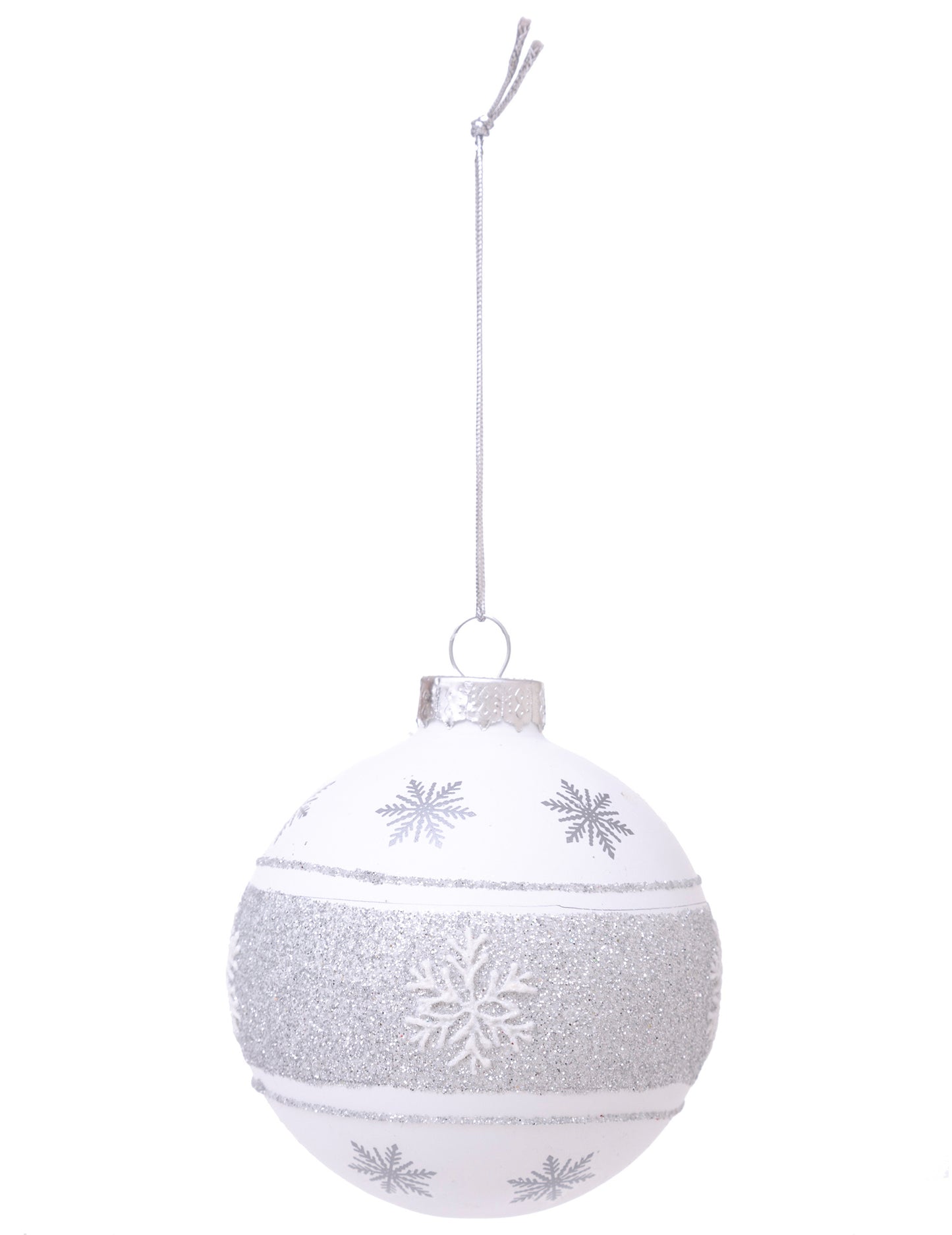 Staklena božićna kuglica sa srebrnim pahuljama 7 cm 
