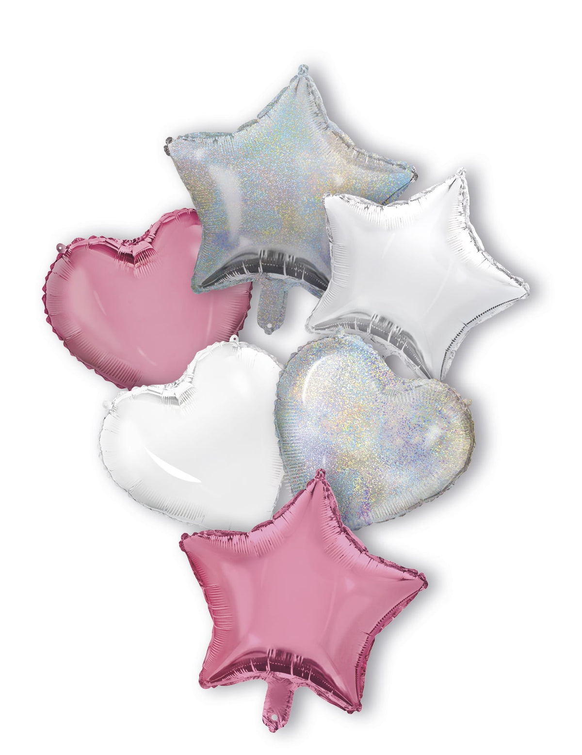 Bouquet de 6 ballons cœurs et étoiles pour décoration rose argenté et blanc en aluminium