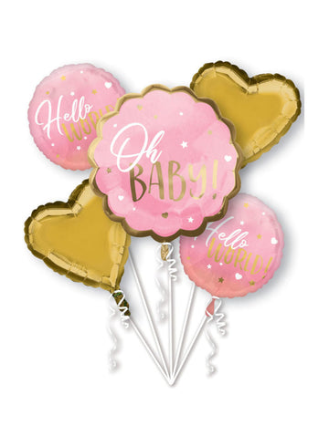 Buket od 5 ružičastih i zlatnih folija balona "oh baby" za baby shower.