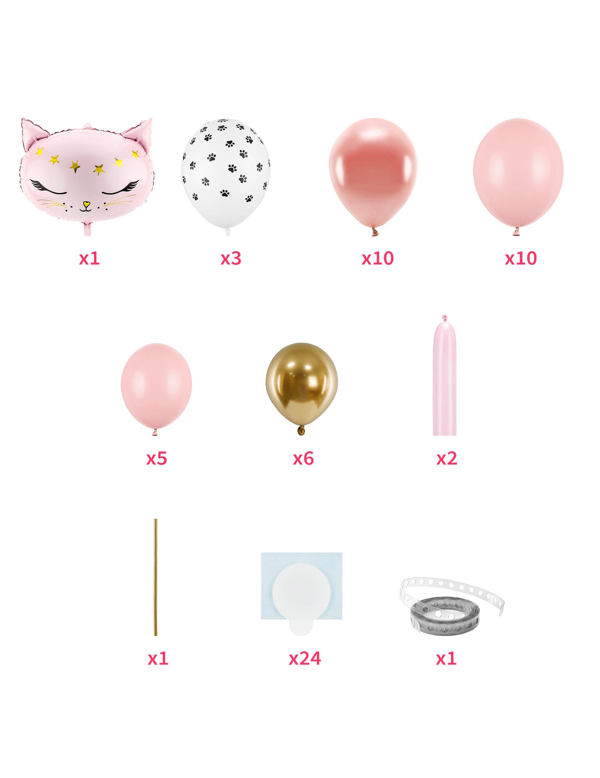 Détail du contenu et des accessoires du bouquet de ballons chat rose