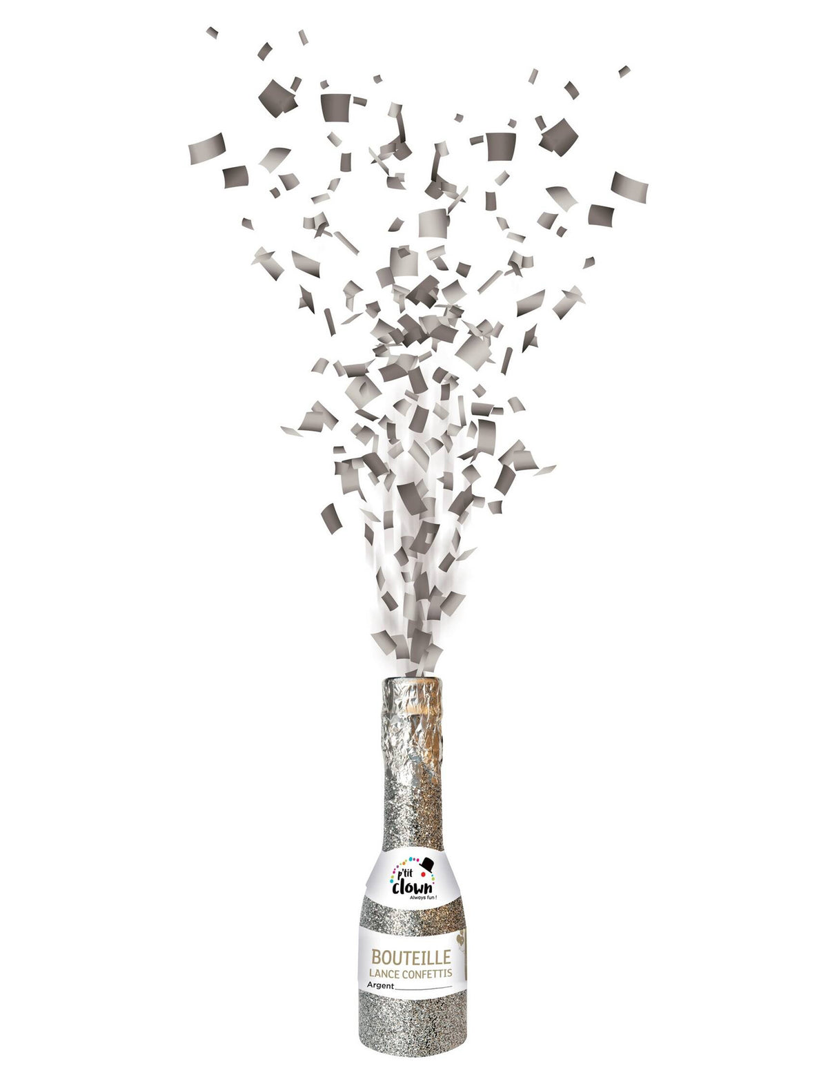Bouteille canon à confettis pour fête argentée
