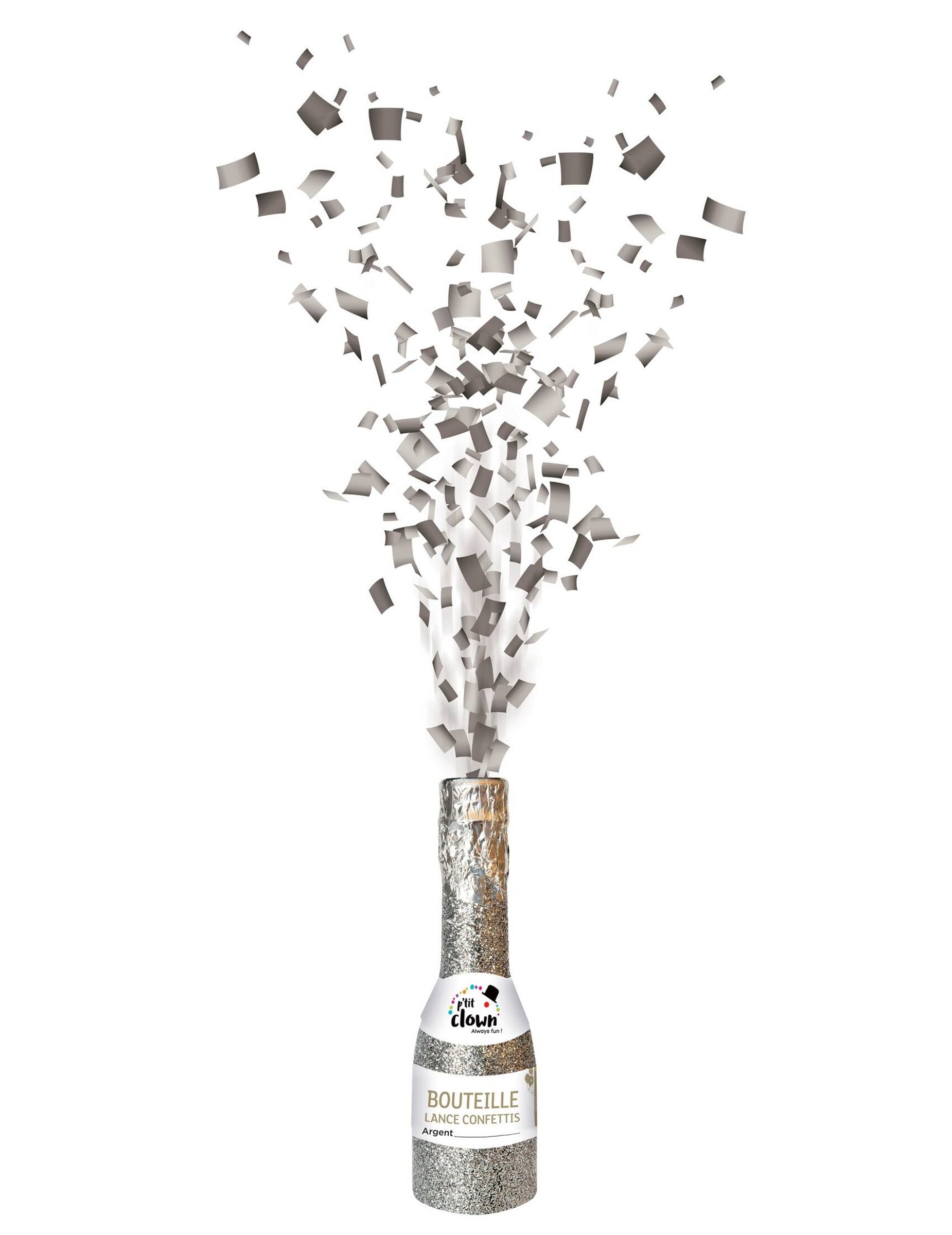 Bouteille canon à confettis pour fête argentée