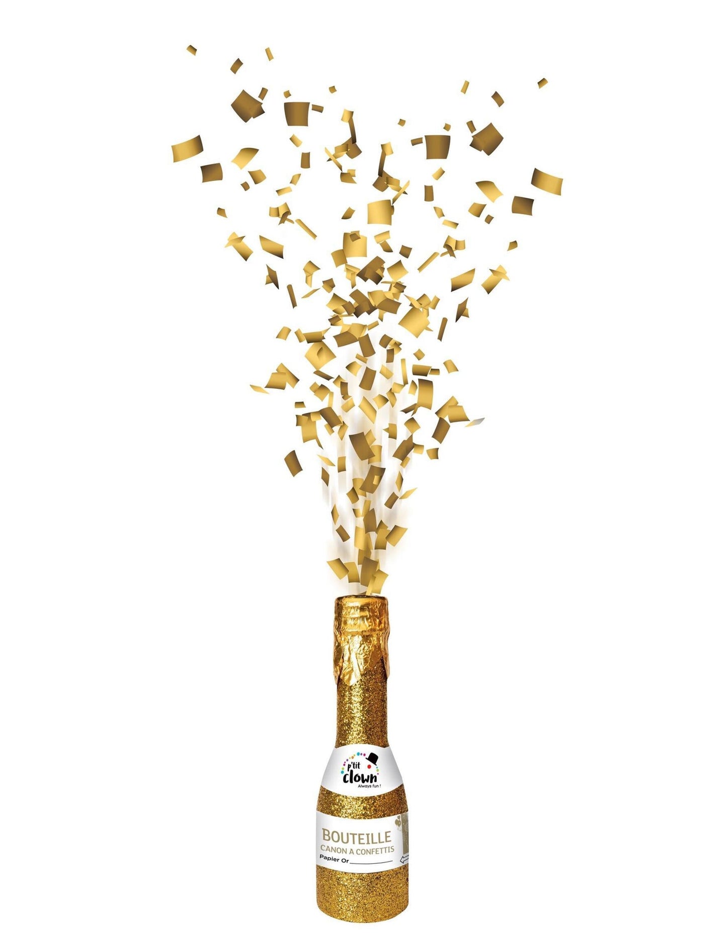Canon à confettis bouteille pour fête doré avec confettis papier or