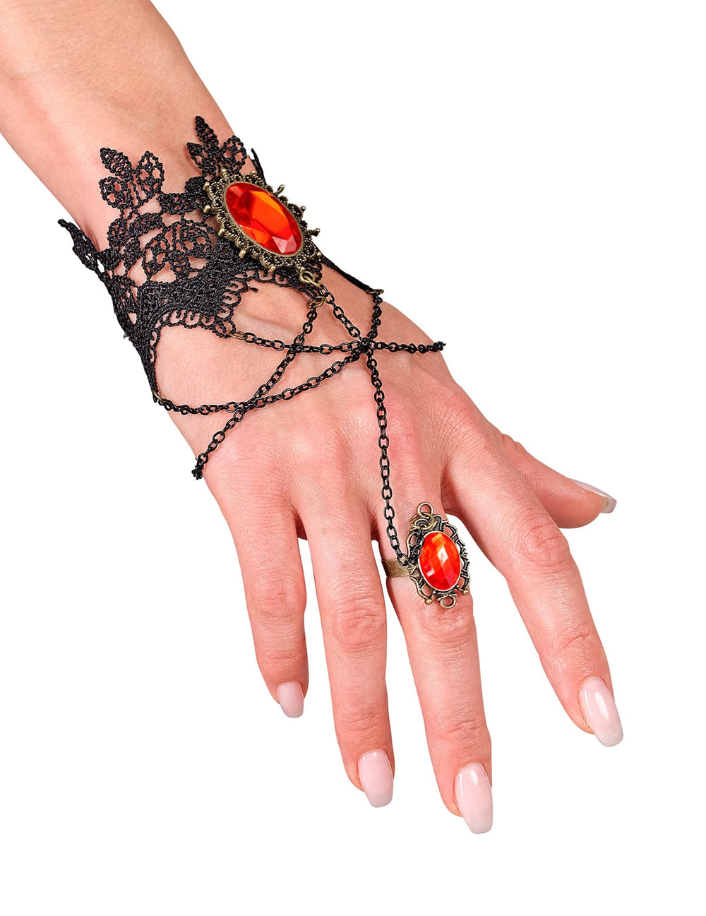 Bracelet en dentelle avec bague et pierres rouges pour femme noir