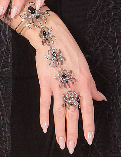 Bracelet et bague araignées Halloween pour femme argenté et noir