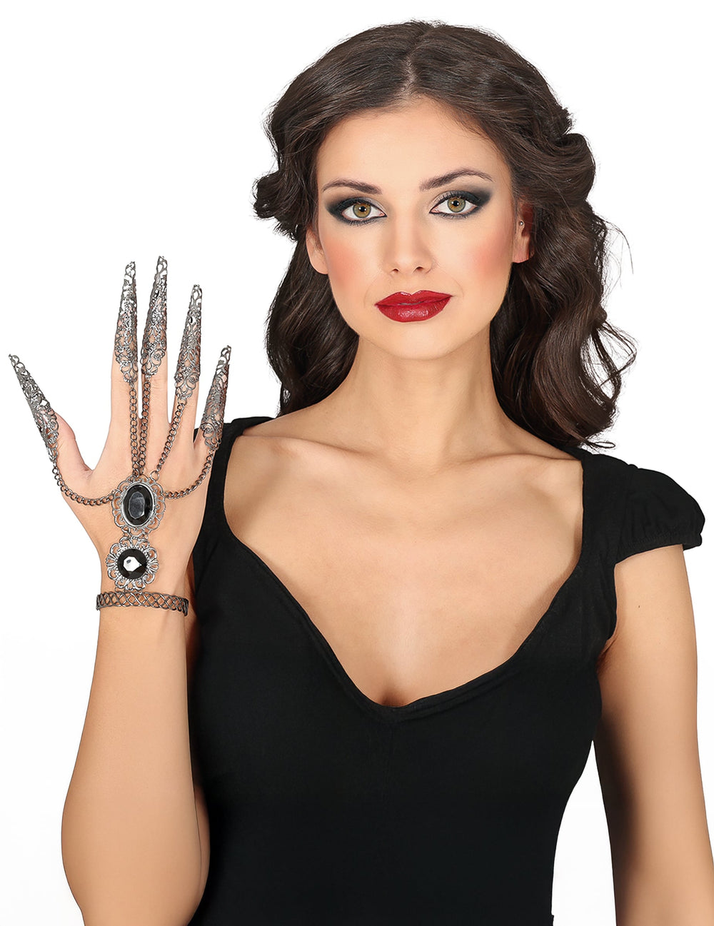 Bracelet Gothique métallique pour adulte argenté avec griffes et pierres noires
