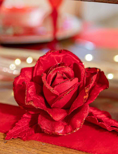Branche de rose velours pailleté rouge 21 cm