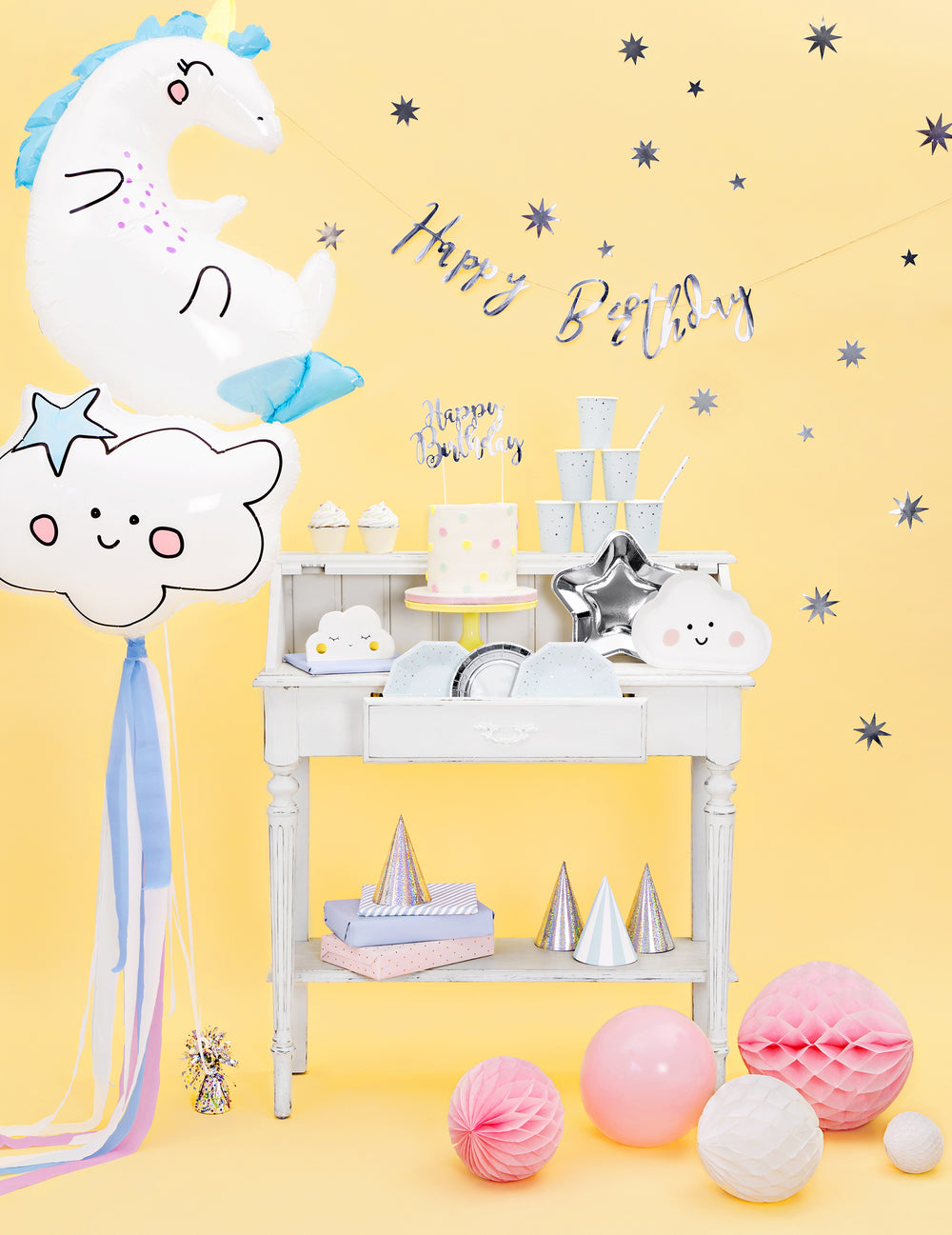 Cake topper en carton Happy Birthday pour gâteau argenté métallisé