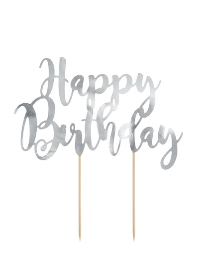 Cake topper en carton happy birthday argenté métallisé 22,5 cm pour gâteau