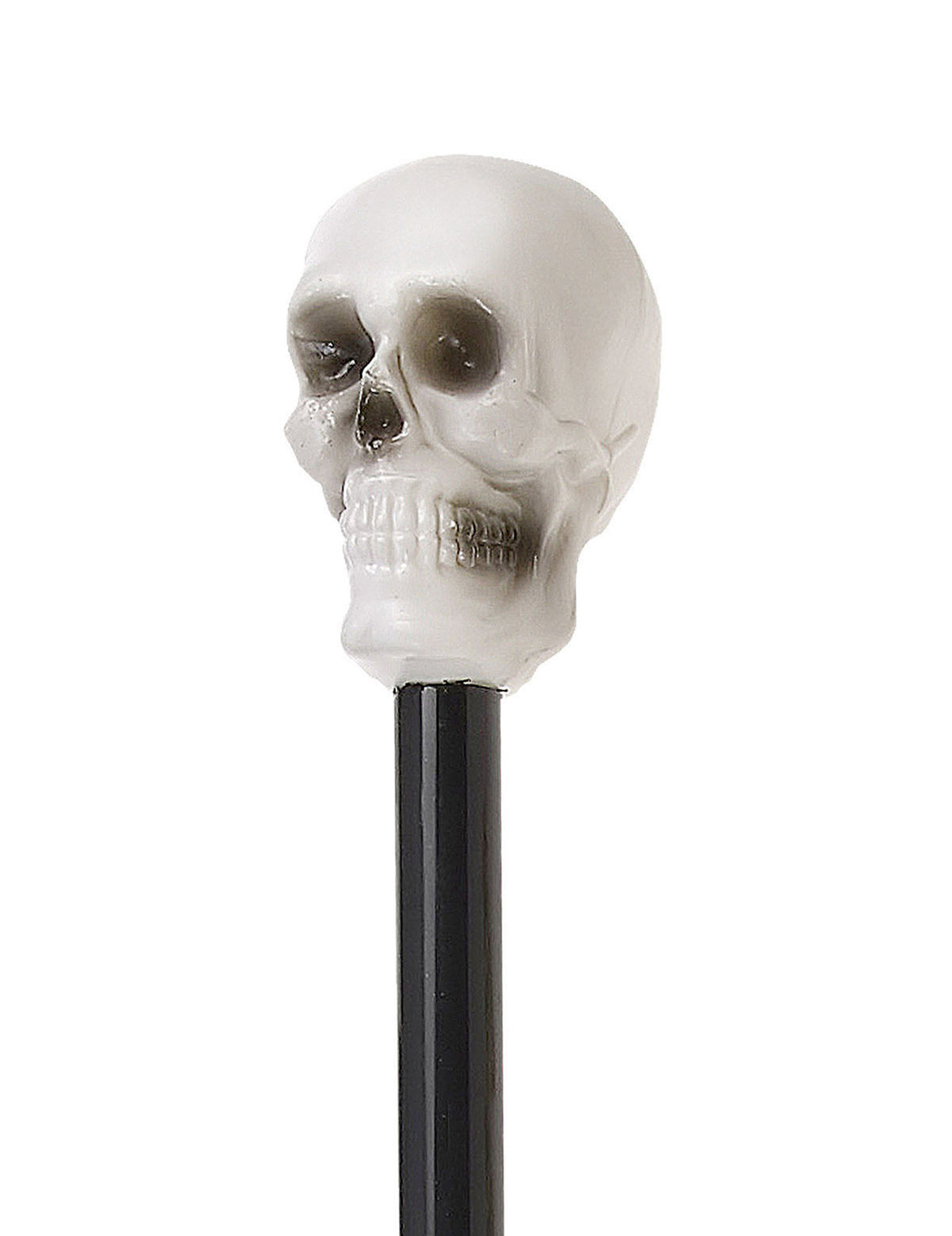 Vue de profil du pommeau tête de mort de la canne squelette