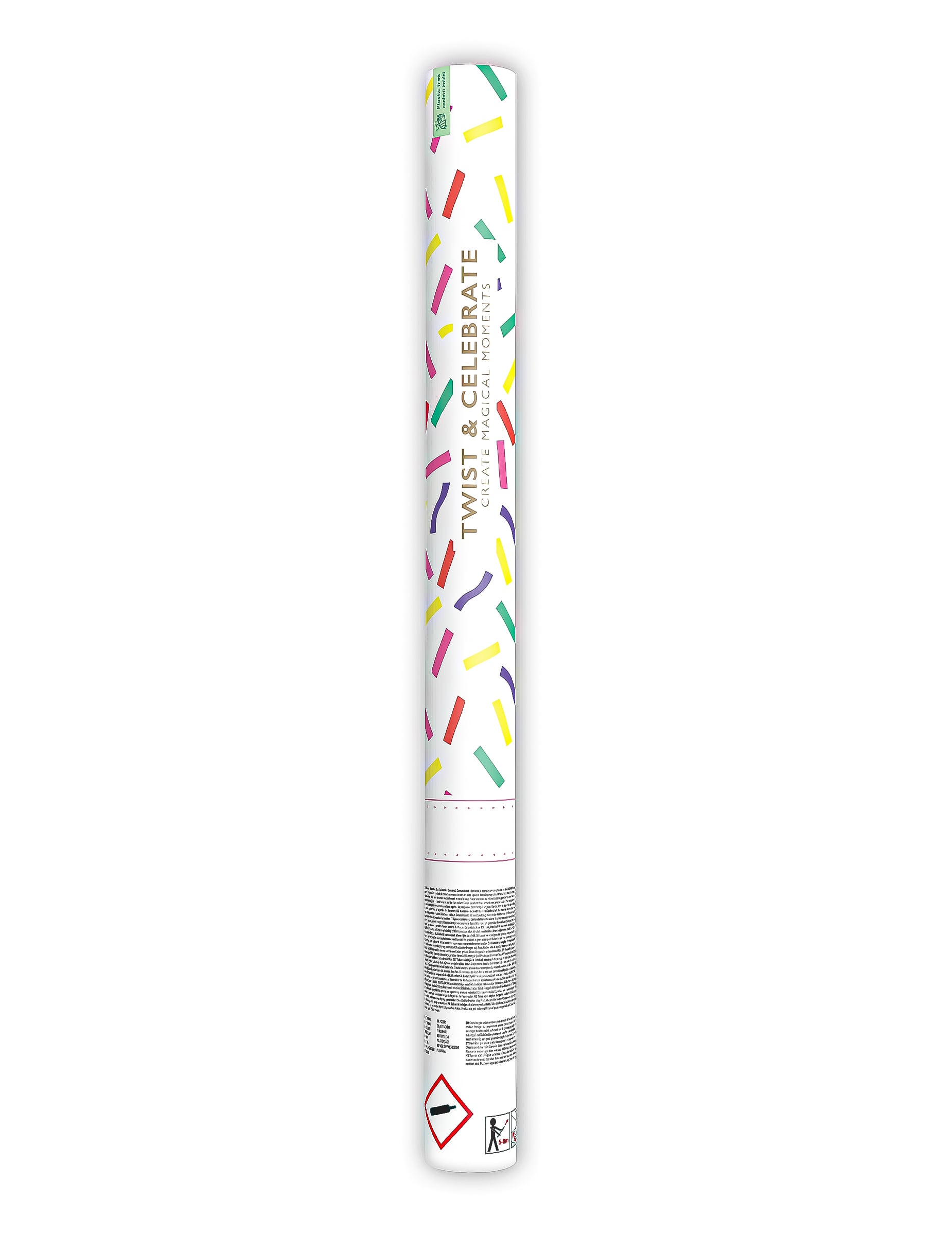 Vue complète du canon à confettis en papier bandes multicolores