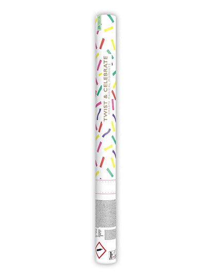 Vue complète du canon à confettis en papier bandes multicolores