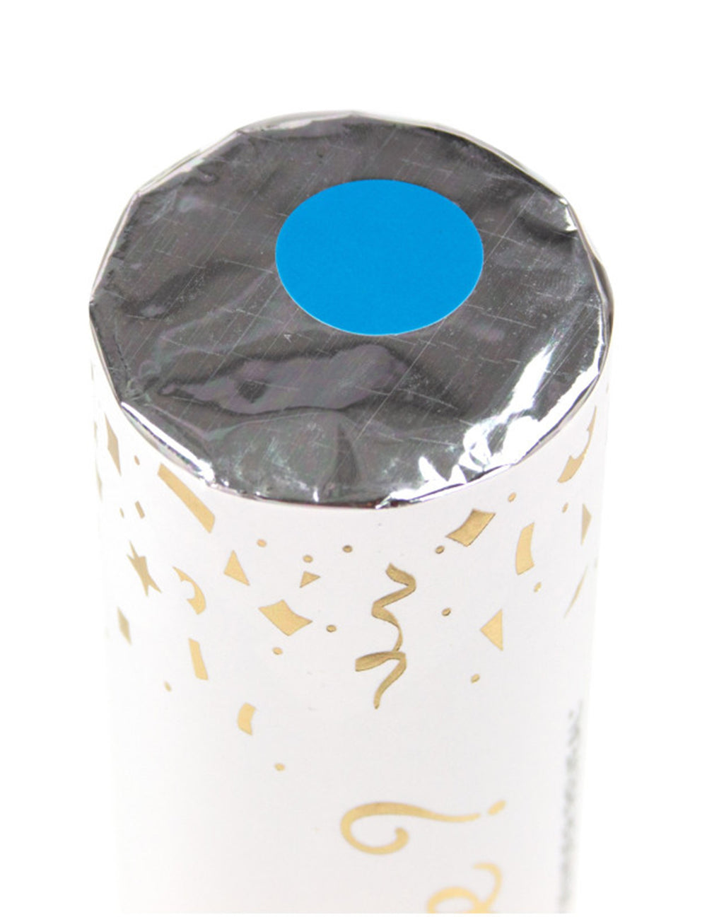 Détail de la pastille indicatrice bleue sur le dessus du canon à confettis Gender Reveal bleu